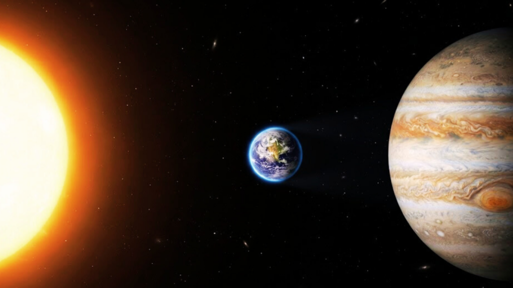 Planeta Júpiter observado durante a oposição, aparecendo brilhante no céu noturno, com suas faixas de nuvens bem definidas e luas galileanas visíveis ao redor.