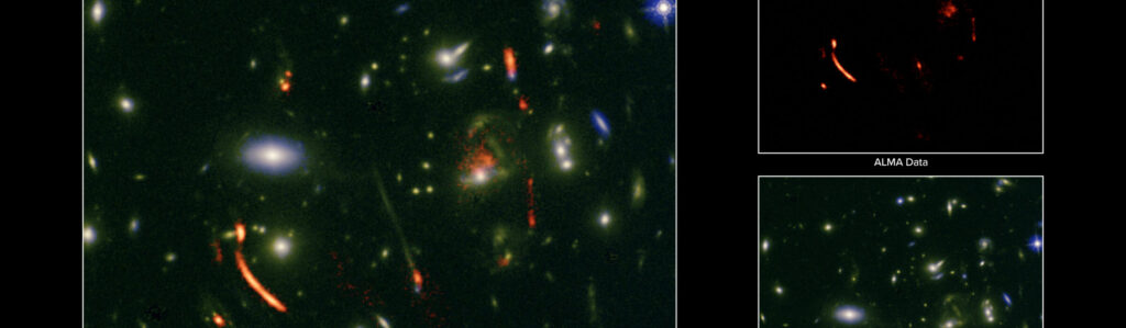 Imagem composta do aglomerado de galáxias lente J0846 mostra, em luz óptica, o aglomerado em primeiro plano e, em observações do ALMA, galáxias distantes envoltas em poeira formando arcos luminosos devido ao efeito de lente gravitacional.