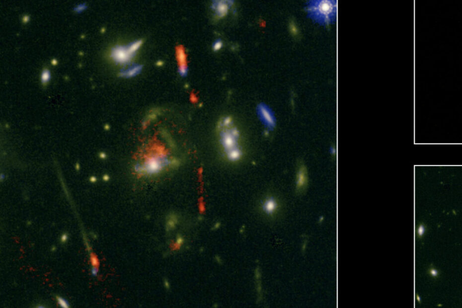 Imagem composta do aglomerado de galáxias lente J0846 mostra, em luz óptica, o aglomerado em primeiro plano e, em observações do ALMA, galáxias distantes envoltas em poeira formando arcos luminosos devido ao efeito de lente gravitacional.