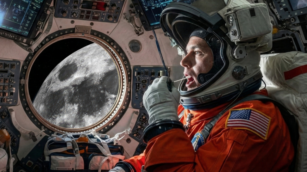 Astronauta dentro da espaçonave Orion coletando amostra de saliva com swab, enquanto a Lua aparece pela janela durante missão do programa Artemis.