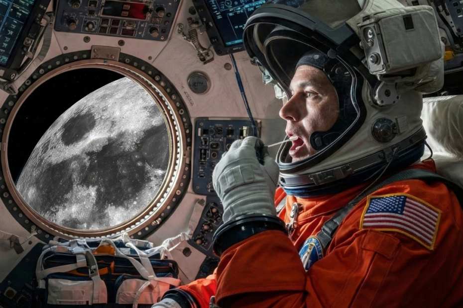 Astronauta dentro da espaçonave Orion coletando amostra de saliva com swab, enquanto a Lua aparece pela janela durante missão do programa Artemis.