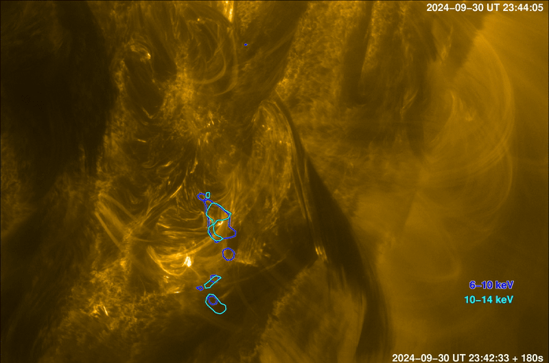 Emissão de raios X durante uma erupção solar de classe M7.7 observada pela missão Solar Orbiter, com contornos coloridos indicando regiões de alta energia sobre imagens ultravioleta do Sol.