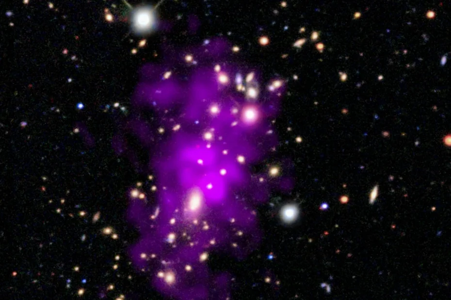 Imagem em raios X e óptica do Champagne Cluster mostrando gás superaquecido em tons de roxo detectado pelo Observatório Chandra e galáxias observadas por levantamentos ópticos terrestres.