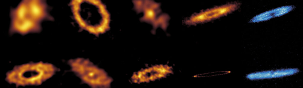 Galeria do projeto ARKS com imagens do ALMA mostrando discos de detritos ao redor de estrelas, com m&uacute;ltiplos an&eacute;is, halos amplos, bordas afiadas, arcos e aglomerados de poeira, al&eacute;m da distribui&ccedil;&atilde;o de g&aacute;s mon&oacute;xido de carbono.