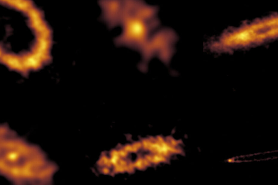 Galeria do projeto ARKS com imagens do ALMA mostrando discos de detritos ao redor de estrelas, com múltiplos anéis, halos amplos, bordas afiadas, arcos e aglomerados de poeira, além da distribuição de gás monóxido de carbono.