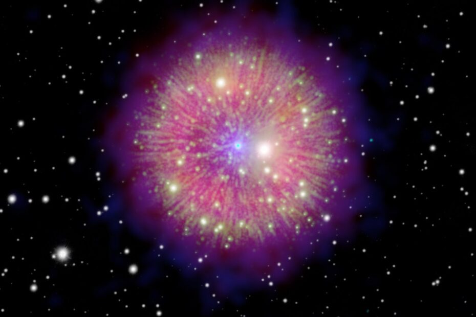 Remanescente da supernova Pa 30 na constelação de Cassiopeia, mostrando filamentos coloridos ao redor de uma estrela central, em uma imagem composta que combina dados em raios X, óptico e infravermelho de vários telescópios.