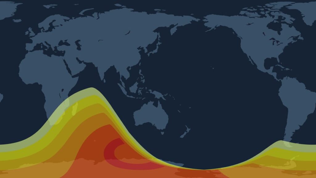 Mapa mundial mostrando o trajeto do eclipse solar de 17 de fevereiro de 2026, com a faixa de anularidade destacada sobre a Antártica e áreas oceânicas do Hemisfério Sul.