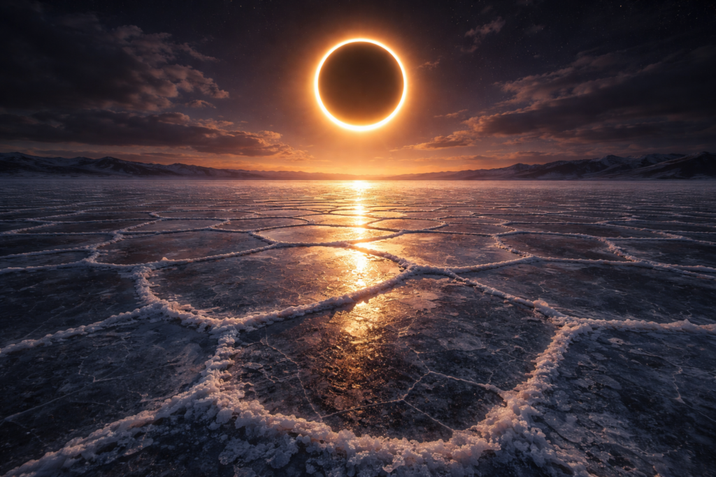Eclipse solar anular formando um anel de fogo no céu ao pôr do Sol, refletido sobre uma paisagem gelada com padrões circulares no gelo, criando um cenário dramático e surreal.