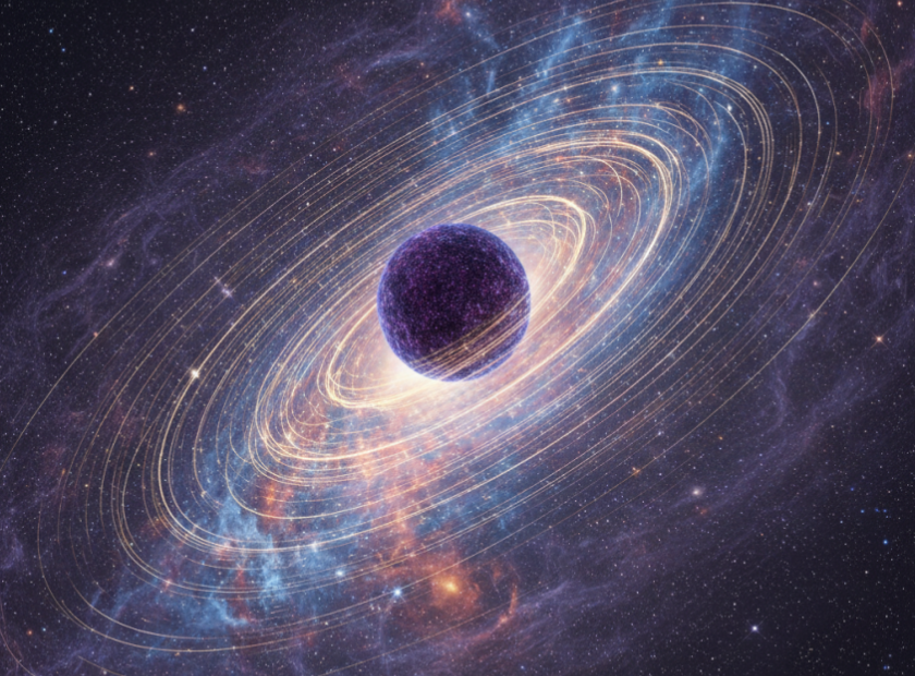 Representação artística da Via Láctea mostrando estrelas centrais orbitando um núcleo denso de matéria escura, sem buraco negro no centro, com halo invisível moldando a curva de rotação galáctica.