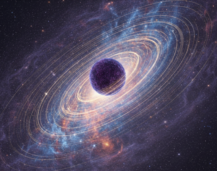 Representação artística da Via Láctea mostrando estrelas centrais orbitando um núcleo denso de matéria escura, sem buraco negro no centro, com halo invisível moldando a curva de rotação galáctica.