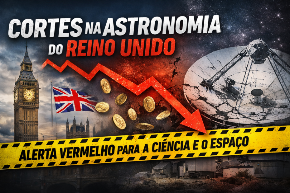 Ilustração sobre cortes no orçamento da astronomia no Reino Unido, mostrando o Big Ben, a bandeira britânica, um radiotelescópio danificado e uma seta vermelha em queda, simbolizando o impacto dos cortes na ciência e no setor espacial.