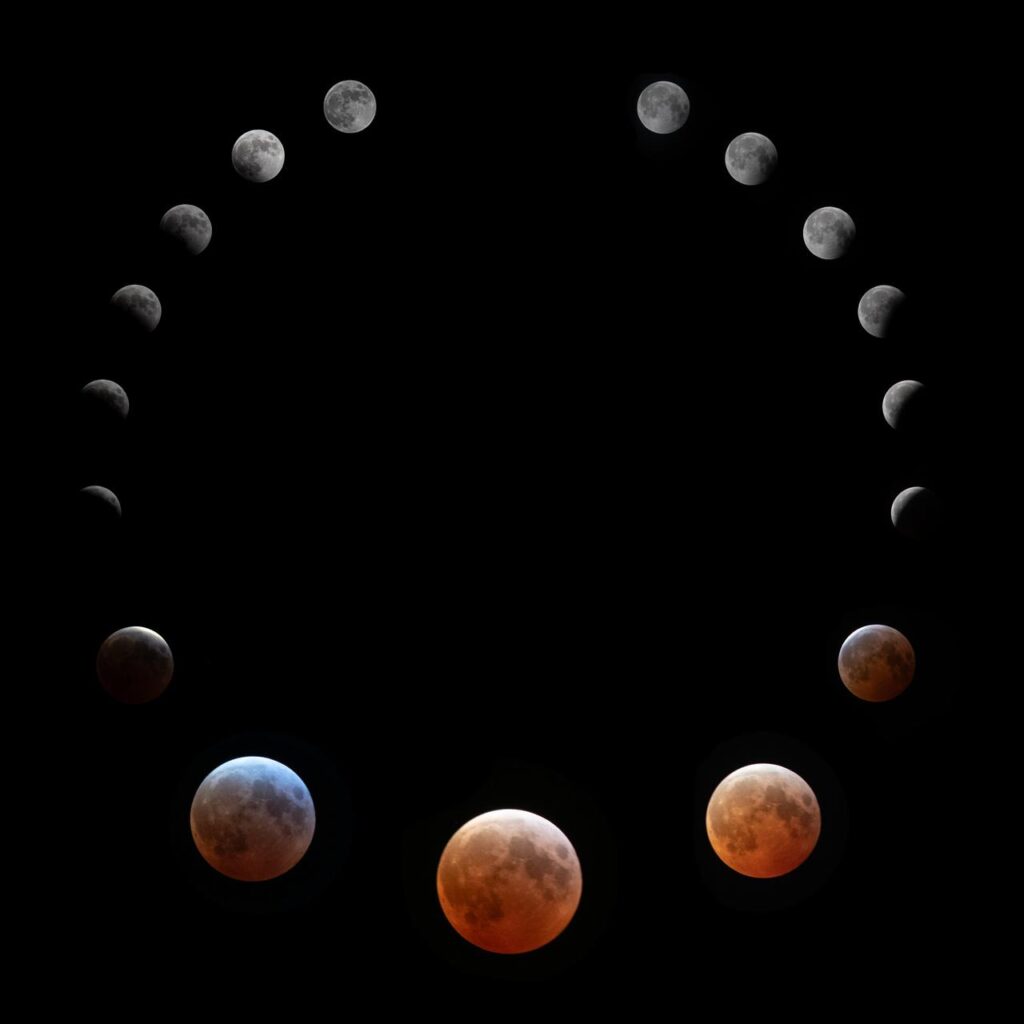 Foto composta do Eclipse Lunar Total e da Lua de Sangue de 14 de março de 2025, criada a partir de 17 imagens registradas no NASA Glenn Research Center, em Ohio.