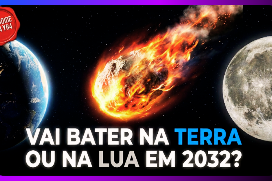 Ilustração do asteroide 2024 YR4 em chamas se aproximando da Terra com a Lua ao lado e texto perguntando sobre possível impacto em 2032.