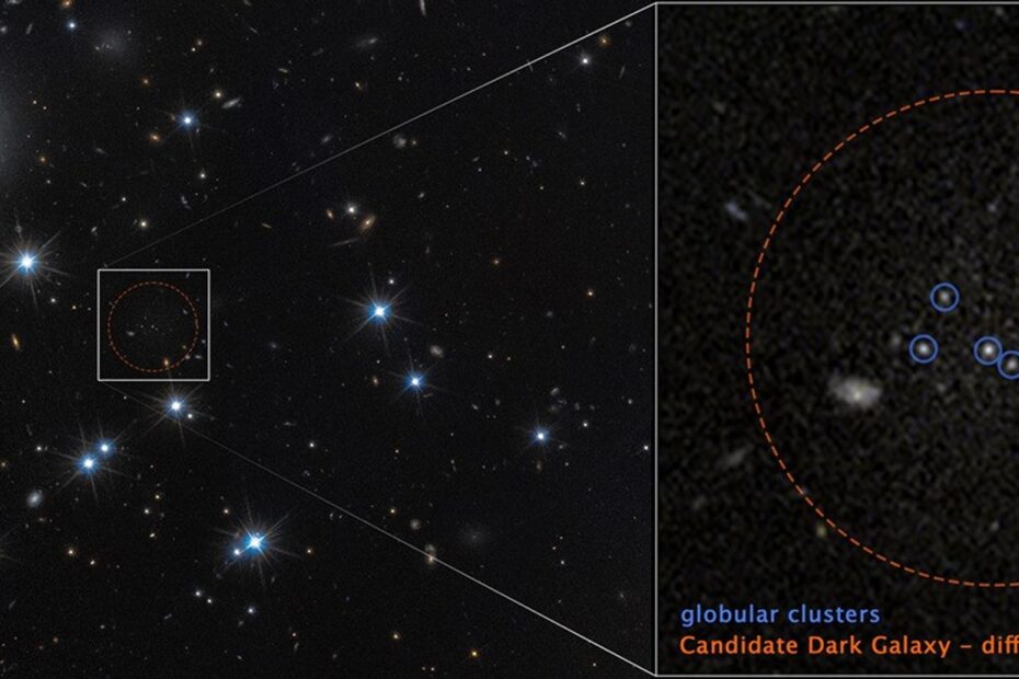 Imagem da galáxia de baixo brilho superficial CDG-2, destacada no círculo vermelho, mostrando sua composição dominada por matéria escura e poucas estrelas, capturada pelo Telescópio Espacial Hubble da NASA.