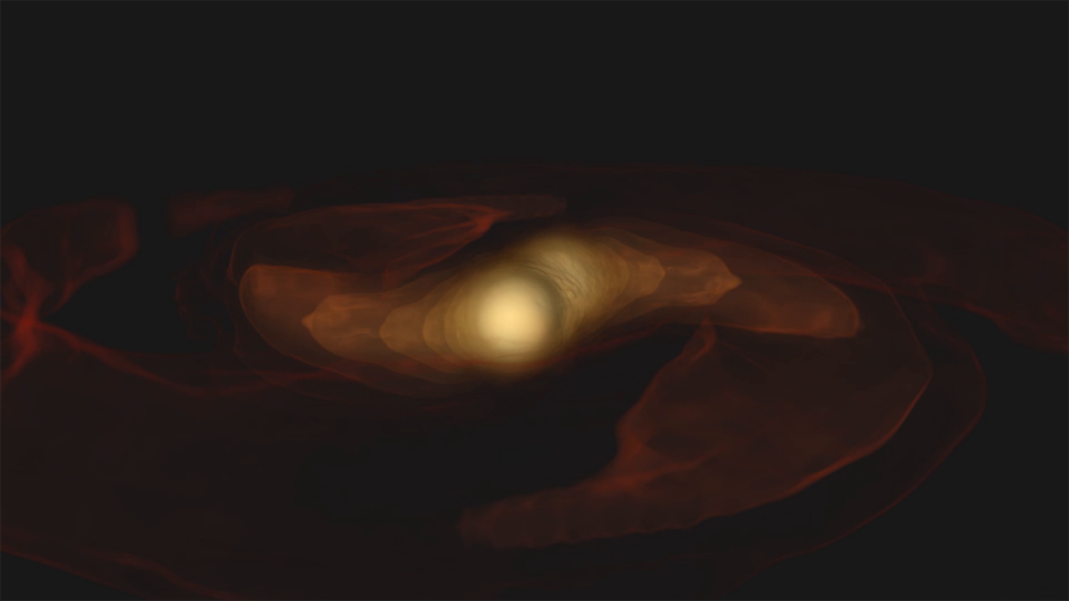 Visualização científica de uma simulação de relatividade numérica mostrando a fusão de duas estrelas de nêutrons, consistente com os parâmetros astrofísicos do evento GW170817.