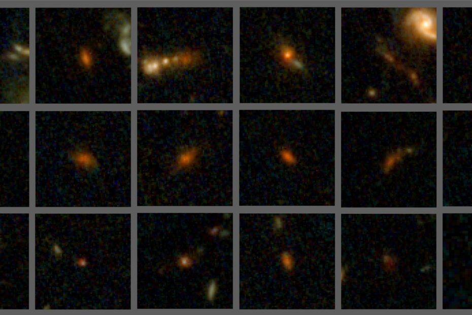 Dezoito das galáxias poeirentas recém-descobertas, em vermelho, formadas há quase 13 bilhões de anos. Crédito: UMass Amherst. As galáxias aparecem destacadas em um fundo do universo profundo, mostrando regiões de intensa formação estelar e poeira cósmica