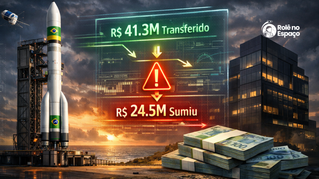 Imagem ilustrativa mostra foguete brasileiro em plataforma de lançamento ao lado de prédio corporativo e pilhas de dinheiro, com referência ao repasse de R$ 41,3 milhões e R$ 24,5 milhões não comprovados no projeto do VLPP.