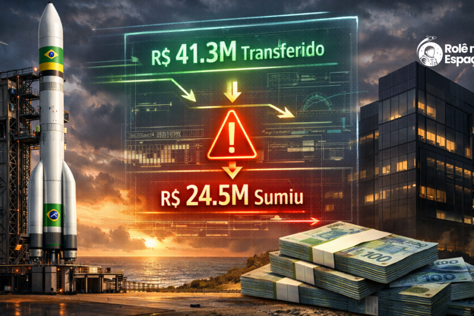 Imagem ilustrativa mostra foguete brasileiro em plataforma de lançamento ao lado de prédio corporativo e pilhas de dinheiro, com referência ao repasse de R$ 41,3 milhões e R$ 24,5 milhões não comprovados no projeto do VLPP.