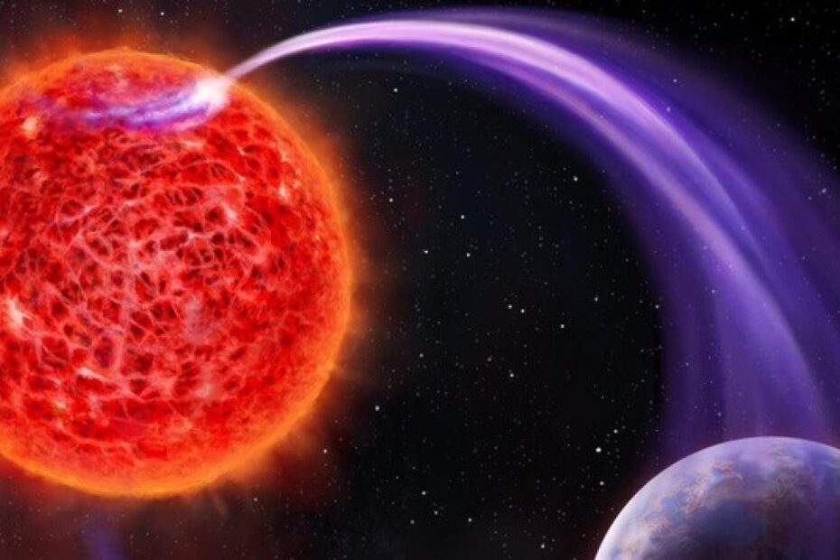 Ilustração artística mostrando uma estrela ativa emitindo um jato de energia em direção a um planeta próximo, representando interação estelar extrema e perda atmosférica em sistemas planetários.