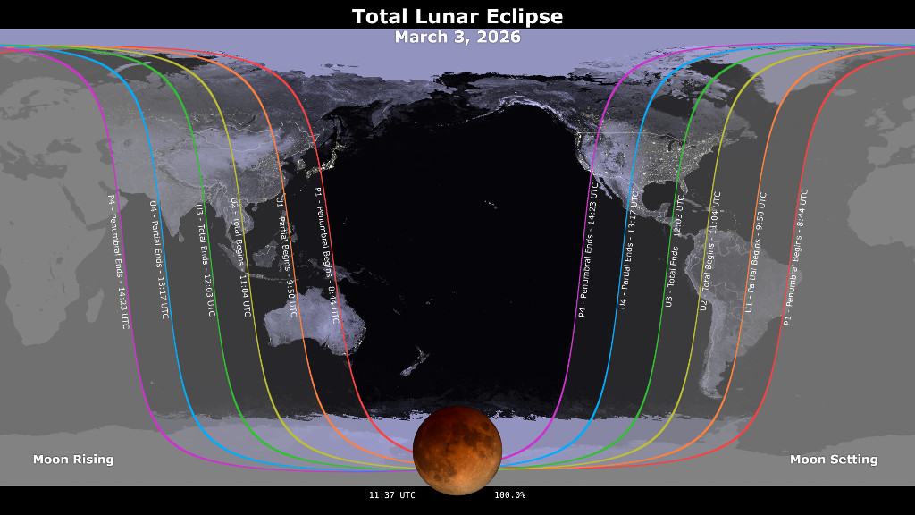 Mapa de visibilidade do Eclipse Lunar de março de 2026 mostrando as regiões do mundo onde o fenômeno poderá ser observado, segundo gráfico da NASA.