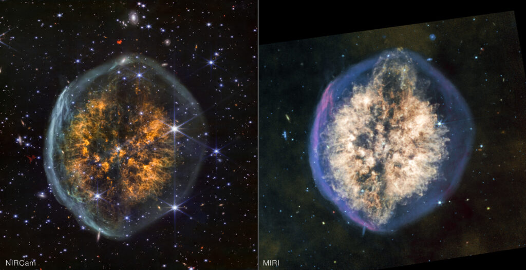 Comparação da Nebulosa do Crânio Exposto (PMR 1) observada pelos instrumentos NIRCam e MIRI do Telescópio Espacial James Webb.