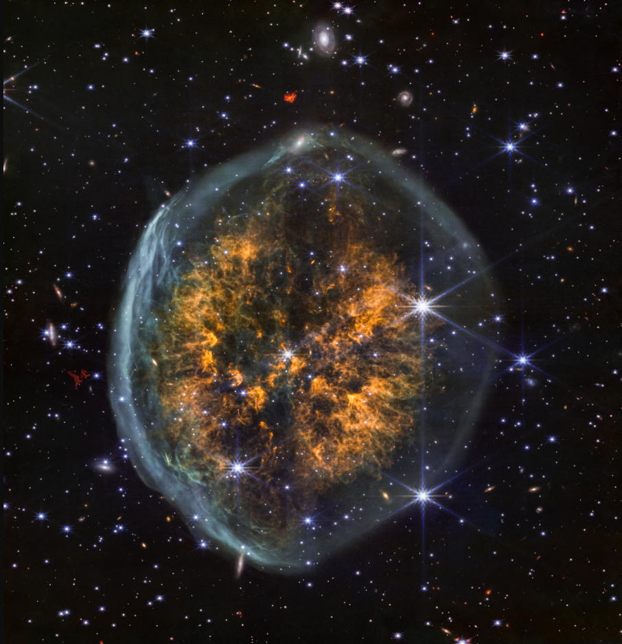 Nebulosa do Crânio Exposto (PMR 1) observada pelo Telescópio Espacial James Webb em infravermelho próximo revelando estrutura que lembra um cérebro no espaço.