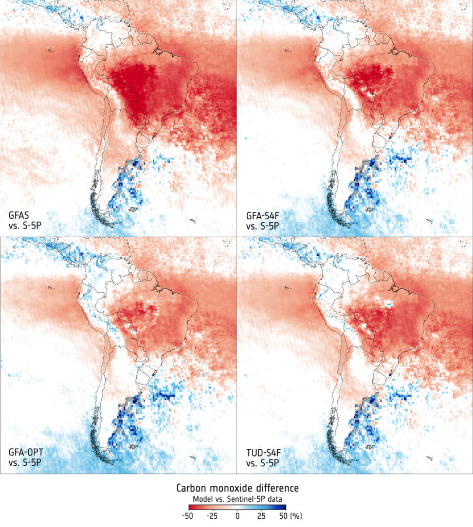 Mapa comparando diferenças nas emissões de monóxido de carbono na América do Sul em setembro de 2024, com dados do satélite Sentinel-5P e modelos de estimativa de incêndios