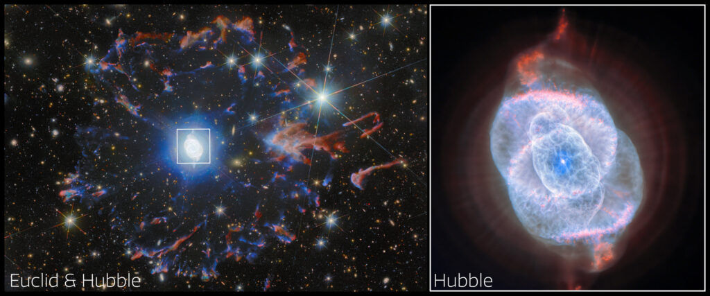 Imagem da Nebulosa Olho de Gato (NGC 6543) capturada pelos telescópios espaciais Hubble e Euclid mostrando camadas complexas de gás expelidas por uma estrela moribunda.