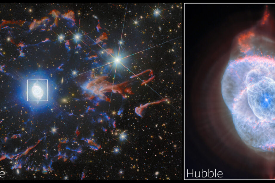 Imagem da Nebulosa Olho de Gato (NGC 6543) capturada pelos telescópios espaciais Hubble e Euclid mostrando camadas complexas de gás expelidas por uma estrela moribunda.