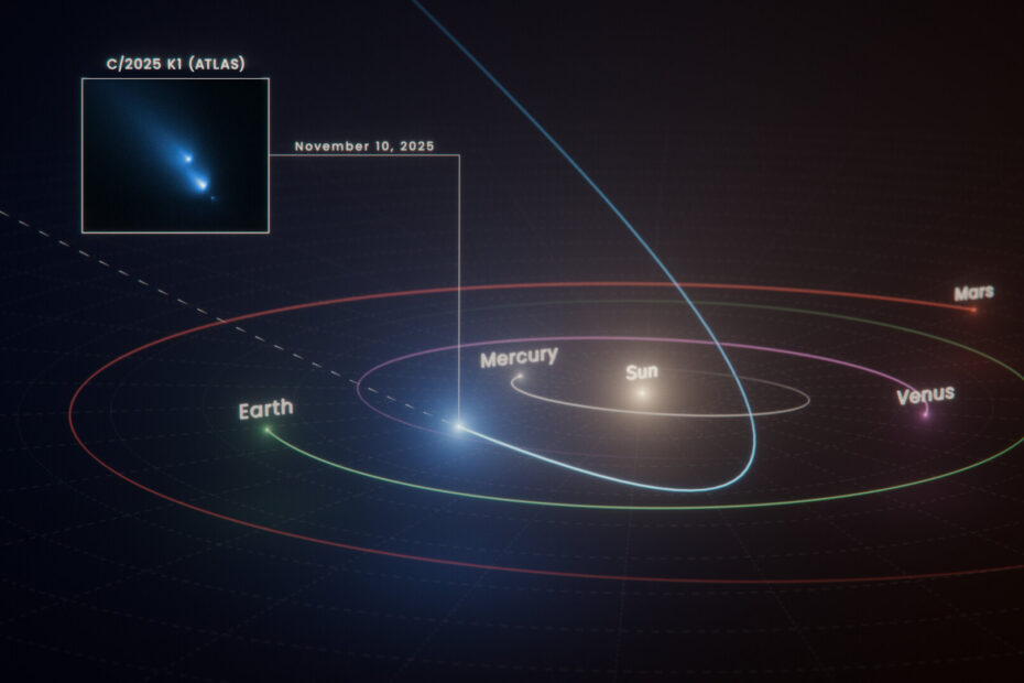 Illustration: Path of comet C/2025 K1 (ATLAS) 18/03/2026 175 views 5 likes 518783 ID Like Download XFacebookCopy LinkCompartilhar Details Related This diagram shows the path the long-period comet C/2025 K1 (ATLAS), or K1 for short, took as it swung past the Sun and began its journey out of the Solar System. On November 10, 2025, NASA/ESA's Hubble Space Telescope captured the inset image of the fragmenting comet. Hubble took this image just a month after K1’s closest approach to the Sun, called perihelion. During perihelion, a comet experiences its most intense heating and maximum stress. Just past perihelion is when some long-period comets like K1 tend to fall apart. K1’s perihelion was inside Mercury’s orbit, about one-third the distance of the Earth from the Sun. This is the first time Hubble has witnessed a comet so early in the process of breaking up. Diagrama mostrando a trajetória do cometa C/2025 K1 (ATLAS) ao passar próximo ao Sol e deixar o Sistema Solar