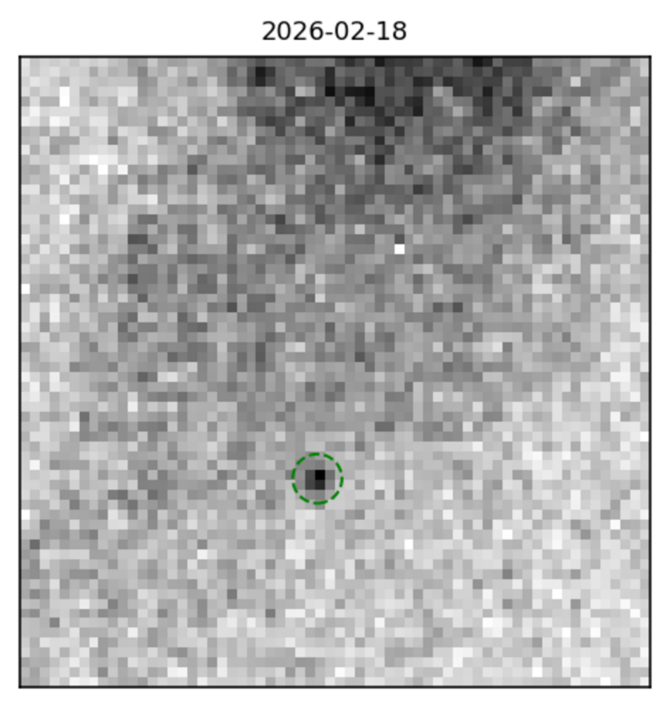 Observação do asteroide 2024 YR4 pelo Telescópio Espacial James Webb em 18 de fevereiro de 2026, capturado pela câmera infravermelha NIRCam.