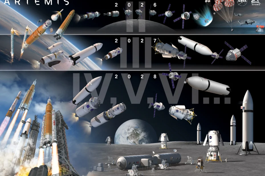 Infográfico atualizado do programa Artemis mostrando a sequência das missões de 2026 em diante, com o foguete SLS Block 1, cápsula Orion, acoplamentos em órbita e infraestrutura futura na superfície da Lua.