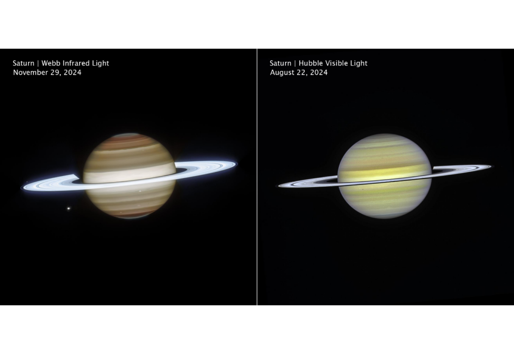 Comparação lado a lado de Saturno em 2024 capturada pelos telescópios James Webb e Hubble, mostrando o planeta em infravermelho e luz visível, com destaque para anéis brilhantes, bandas atmosféricas e polos iluminados