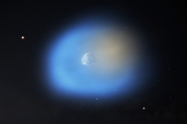 Ilustração científica do cometa interestelar 3I/ATLAS passando próximo ao Sol, mostrando gases como metanol e cianeto de hidrogênio liberados do núcleo do cometa.