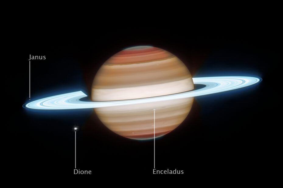 Imagem de Saturno em infravermelho capturada pelo telescópio James Webb mostrando o planeta, seus anéis brilhantes e várias de suas luas ao redor