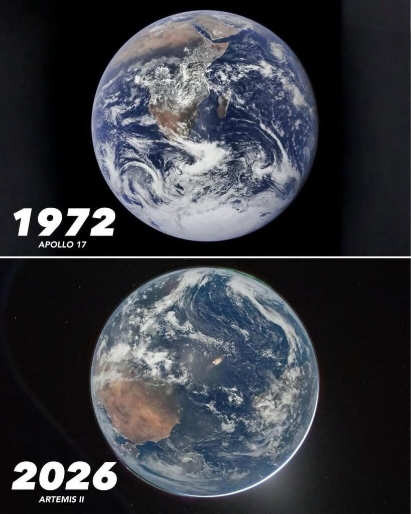 Comparação da Terra vista pelas missões Apollo 17 (1972) e Artemis II (2026), mostrando a evolução das imagens do planeta no espaço profundo