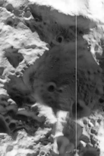 Zoom detalhado da cratera Haworth no Polo Sul da Lua mostrando relevo e regiões de sombra permanente