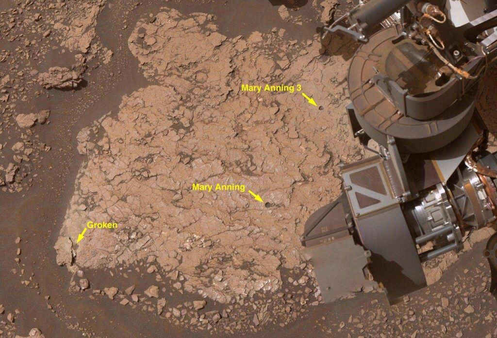 Pontos de amostragem da rover Curiosity em Glen Torridon, Marte, onde foram coletadas amostras de rocha que revelaram moléculas orgânicas
