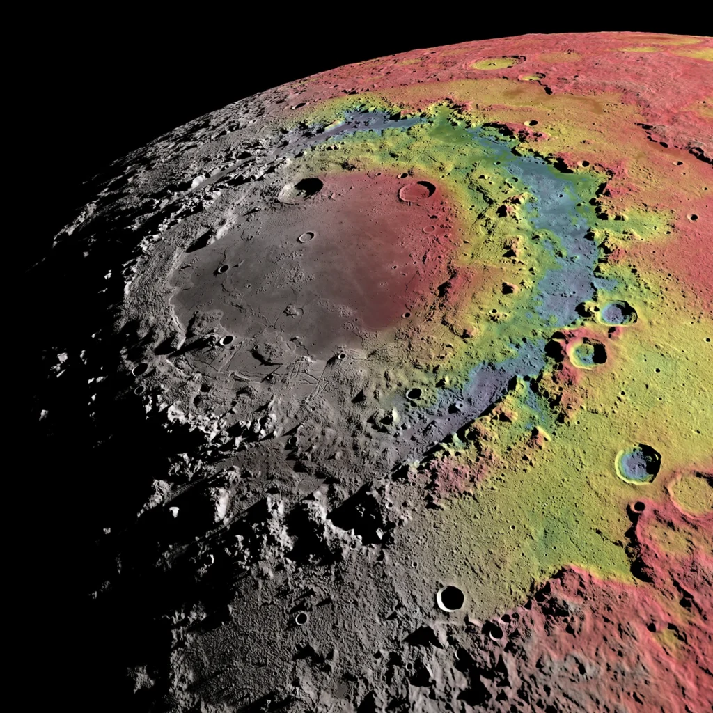 Bacia Orientale Basin em cores falsas mostrando estrutura de múltiplos anéis no lado oculto da Lua, observada durante a missão Artemis II