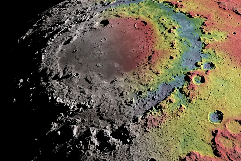 Bacia Orientale Basin em cores falsas mostrando estrutura de múltiplos anéis no lado oculto da Lua, observada durante a missão Artemis II