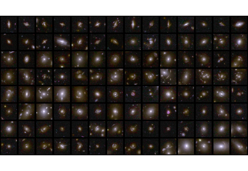 Colagem com dezenas de exemplos de lentes gravitacionais capturadas pelo telescópio espacial Euclid, mostrando arcos luminosos e Anéis de Einstein ao redor de galáxias distantes.