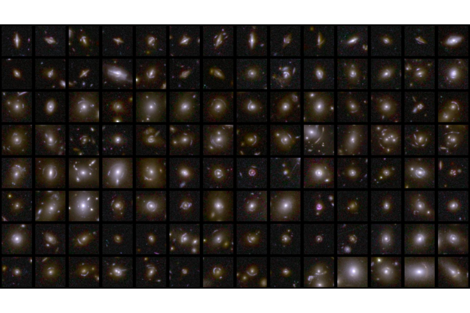 Colagem com dezenas de exemplos de lentes gravitacionais capturadas pelo telescópio espacial Euclid, mostrando arcos luminosos e Anéis de Einstein ao redor de galáxias distantes.