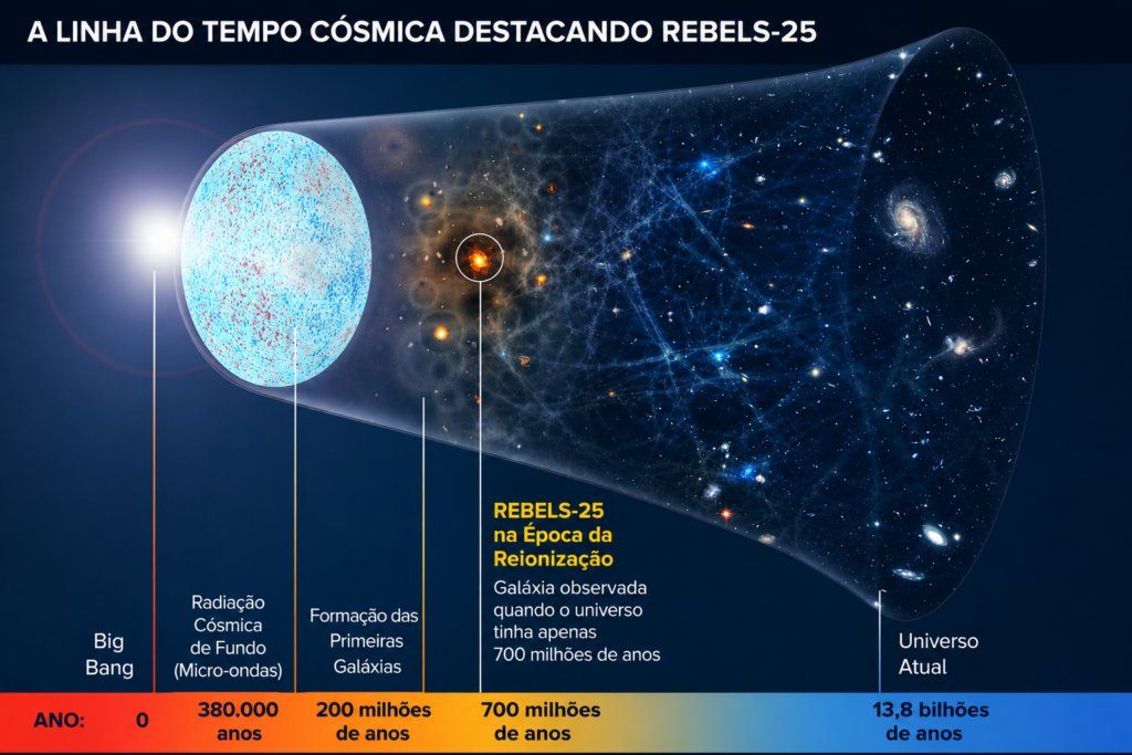 Ilustração da evolução do universo desde o Big Bang até os dias atuais, destacando a galáxia REBELS-25 durante a Época da Reionização, cerca de 13 bilhões de anos atrás, com um enorme reservatório de gás molecular frio para formação estelar.