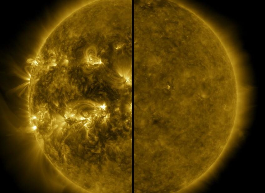 Comparação entre o Sol durante o máximo solar em 2014 e o mínimo solar em 2019. A imagem mostra uma atividade magnética intensa à esquerda, com diversas regiões brilhantes e manchas solares, e um Sol muito mais calmo à direita, com poucas estruturas visíveis. Crédito: NASA/SDO.