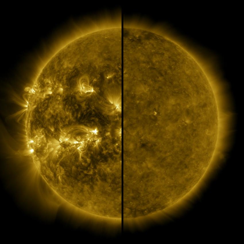 Comparação entre o Sol durante o máximo solar em 2014 e o mínimo solar em 2019. A imagem mostra uma atividade magnética intensa à esquerda, com diversas regiões brilhantes e manchas solares, e um Sol muito mais calmo à direita, com poucas estruturas visíveis. Crédito: NASA/SDO.