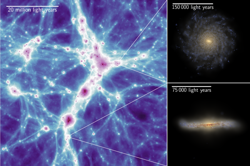 Visualização das simulações cosmológicas COLIBRE mostrando a teia cósmica formada por gás e estrelas no universo. À direita, duas galáxias espirais simuladas aparecem em diferentes perspectivas, uma vista de frente e outra de perfil, com a luz estelar parcialmente obscurecida por poeira interestelar.