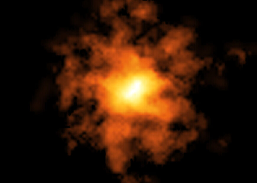 Imagem da galáxia REBELS-25 capturada pelo telescópio ALMA, mostrando uma das primeiras galáxias massivas do universo, observada cerca de 700 milhões de anos após o Big Bang.