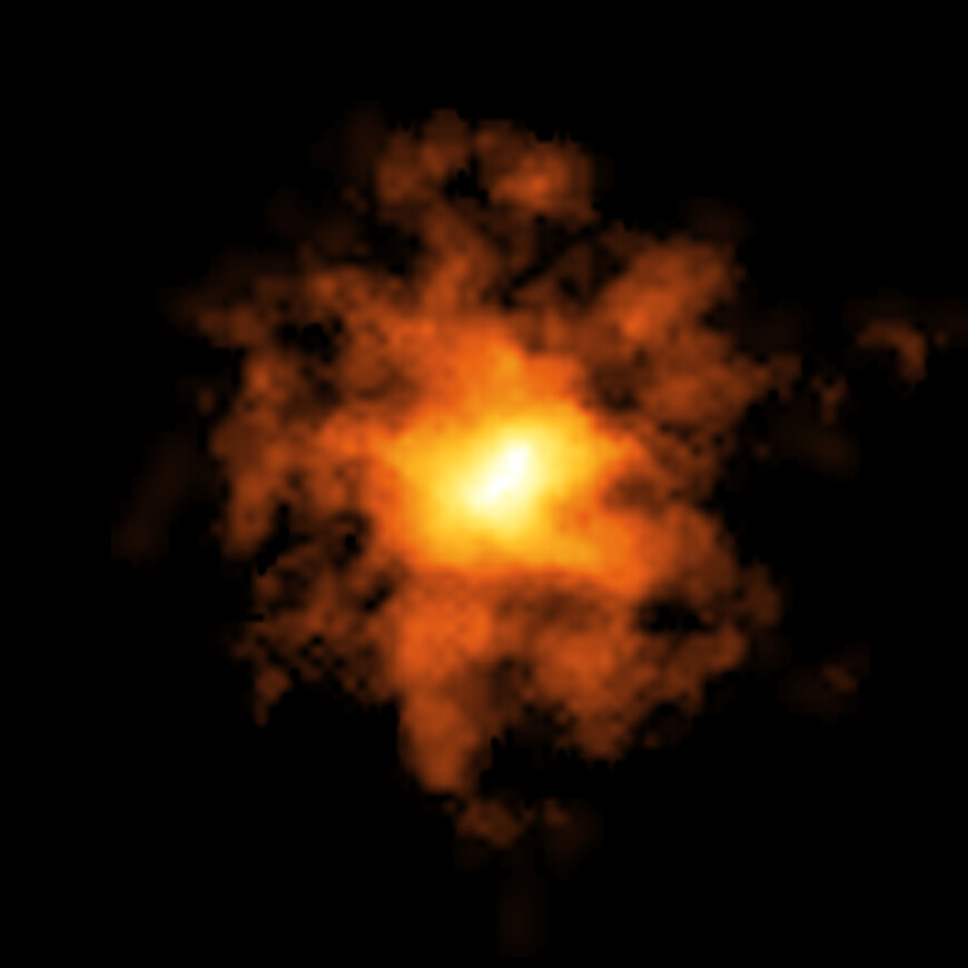 Imagem da galáxia REBELS-25 capturada pelo telescópio ALMA, mostrando uma das primeiras galáxias massivas do universo, observada cerca de 700 milhões de anos após o Big Bang.