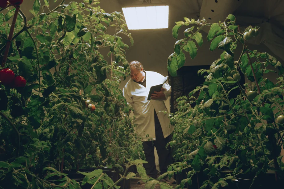 Dr. Andrew Palmer ao lado de plantas de tomate cultivadas em laboratório como parte de pesquisas sobre agricultura espacial para futuras missões à Lua e Marte.